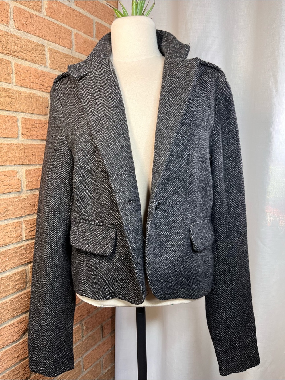 American Eagle Wool Blend Herringbone Military Jacket Gray Large Lined
